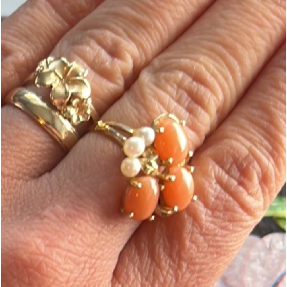 Hawaiian pink coral and pearl 14k ring